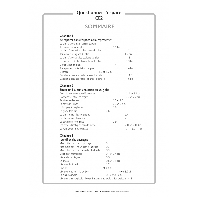 sommaire Questionner l’espace et les espaces – Géographie – CE2 – Ensemble pédagogique complet – JOCATOP sommaire Questionner l’espace et les espaces – Géographie – CE2 – Ensemble pédagogique complet – JOCATOP