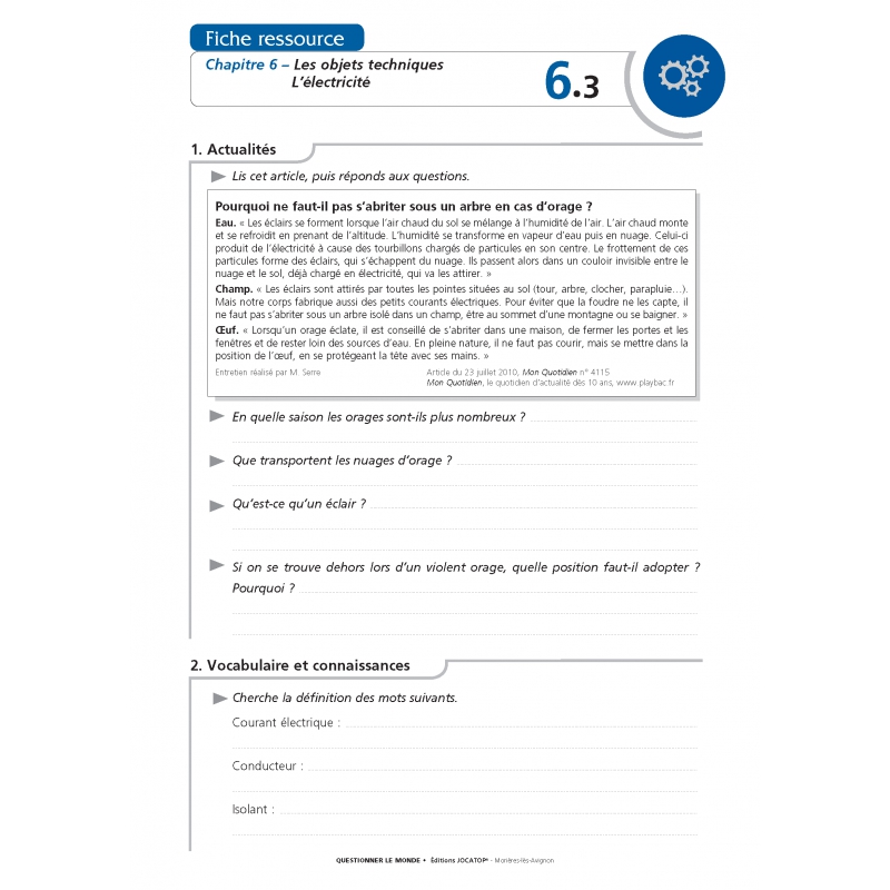 Fiche ressourceDévelopper une démarche scientifique – Sciences – CE2 – Dossier pédagogique – JOCATOP